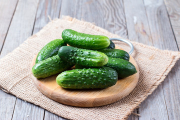 Fresh young cucumbers on a cutting board