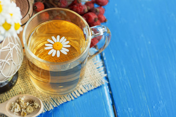 cup of herbal chamomile tea with fresh daisy flowers on blue wooden background. doctor treatment and prevention of immune concept, medicine - folk, alternative, complementary, traditional medicine 