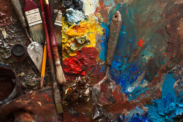 art paints, palette, brushes pencil