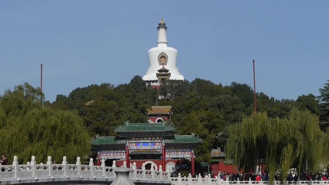 China Beijing ancient architecture Beihai Park white tower on willow island.