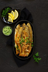 Fried river trout. View from above.