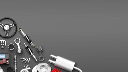 Various car parts and accessories on grey background. 3d illustration