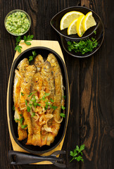Fried river trout. View from above.