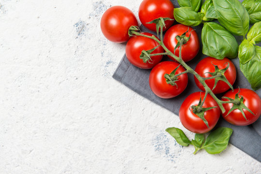 Fresh cherry tomatoes with basil leaves, top view with copy space