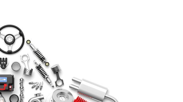 Various car parts and accessories on white background. 3d illustration