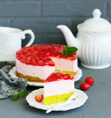 Cake with strawberries and cream. Selective focus.