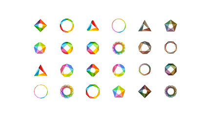 Fototapeta na wymiar Big set of minimal geometric multicolor symbol set shapes. Trendy icons and logotypes. Business signs symbols, labels, badges, frames and borders