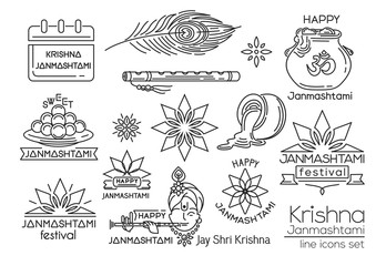 Happy Krishna Janmashtami. Line icons set. Indian festival of janmashtami celebration. Vector illustration