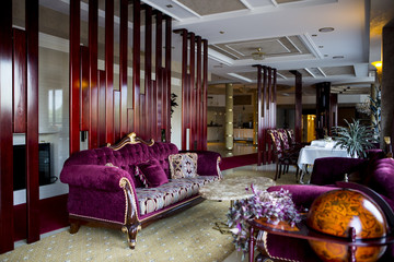 Interior of the restaurant. Interior of a modern luxury restaurant of elite level without people in the photo