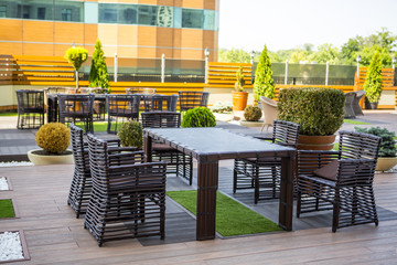 Interior of the restaurant. Interior of a modern luxury restaurant of elite level without people in the photo