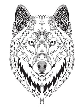 Gray wolf head zentangle stylized, vector, illustration, freehand pencil, hand drawn, pattern. Zen art. Ornate vector.