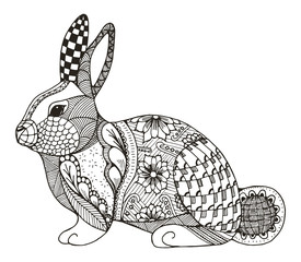 Rabbit zentangle stylized, vector, illustration, pattern, freehand pencil, hand drawn. Coloring. Zen art.