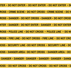 Fototapeta premium Set of Crime scene yellow tape, police line, danger, fire, Do Not Cross tape. Cartoon flat-style. Vector illustration. White background.
