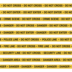 Fototapeta premium Set of Crime scene yellow tape, police line, danger, fire, Do Not Cross tape. Cartoon flat-style. Vector illustration. White background.
