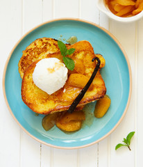 French toast with caramel apples for breakfast.