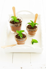 Chocolate peppermint mousse in glasses.