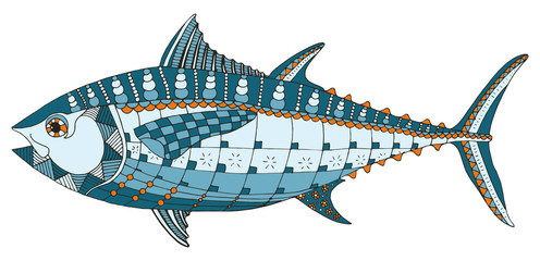 Bluefin tuna fish zentangle stylized, vector, illustration, freehand pencil, hand drawn, pattern. Print for t-shirts, mobile cover design.