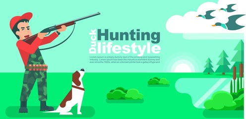 Hunter man with dog aiming or hunting in a duck hunt flat vector design