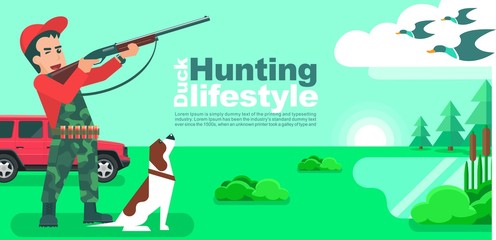 Hunter man with dog aiming or hunting in a duck hunt flat vector design