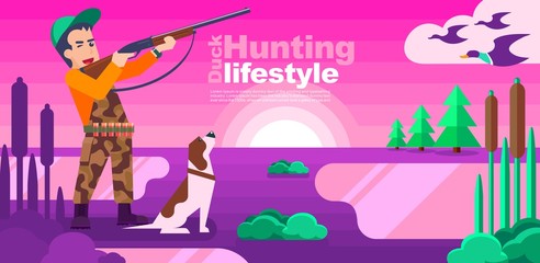 Hunter man with dog aiming or hunting in a duck hunt flat vector design