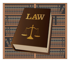 Law Library is an illustration of a law book used by lawyers and judges with a background of bookshelves filled with library books. Represents legal matters and legal proceedings.