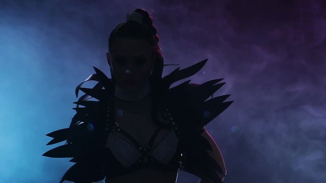 Sexy dancer in erotic costume posing on camera. Smoky background
