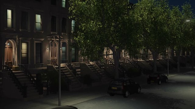 New York City Residential Area With Iconic Brownstone Buildings, Parked And Moving Cars At Night. Tilt Up Establishing Shot Realistic 3D Animation Rendered In 4K