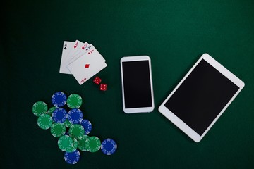 Electronic gadgets, playing cards, mobile phone, 