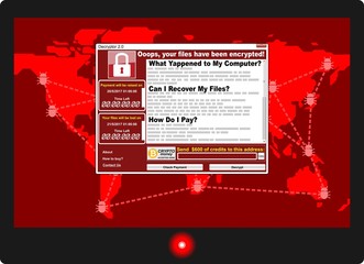 Computer virus ransom ware malware threat red window on screen