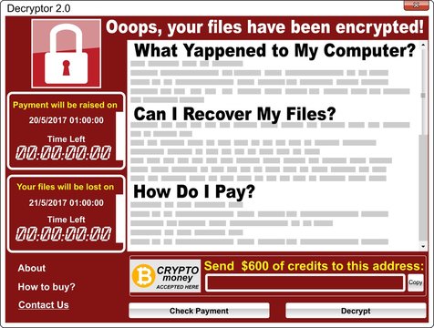 Computer virus ransom ware malware threat red window on screen