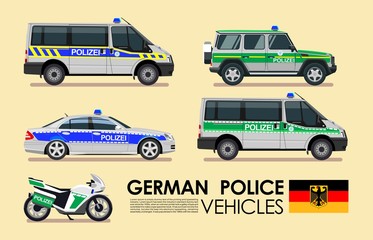 German police cars vehicles emergency transport vector set. Police cars of Deutsche flat design collection