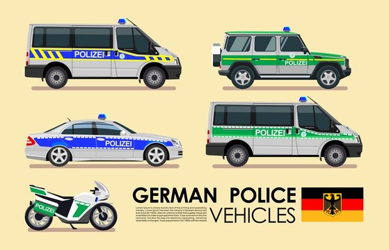German police cars vehicles emergency transport vector set. Police cars of Deutsche flat design collection