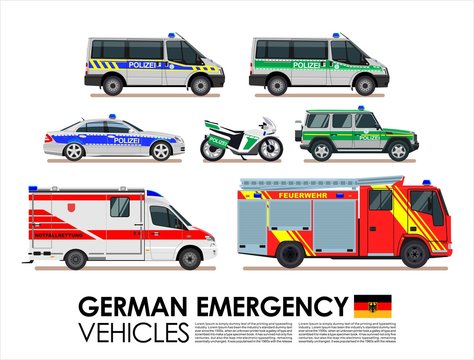 German emergency cars vehicles transport vector set. Police car, Fire truck, Ambulance van Emergency cars of Deutsche flat design vector collection