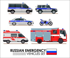 Russian emergency cars vehicles transport vector set. Police car, Fire truck, Ambulance van Emergency cars of Russian Federation flat design vector collection