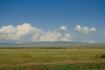 Obraz premium Blue sky with clouds. Summer steppe landscape. African desert with mountains view. 