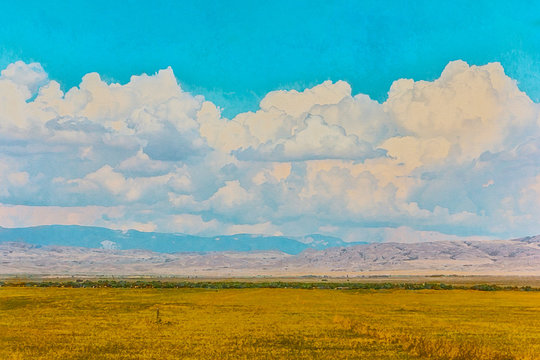 Blue sky with clouds. Summer steppe landscape. African desert with mountains view. Watercolor. Oil painting style.