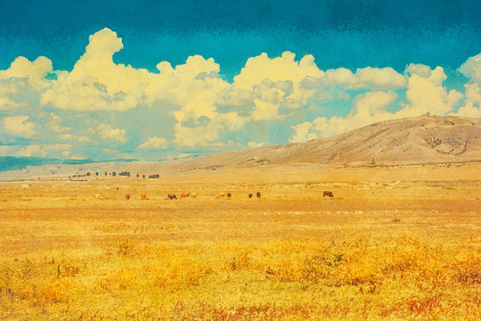 Blue sky with clouds. Summer steppe landscape. African desert with mountains view. Watercolor. Oil painting style.