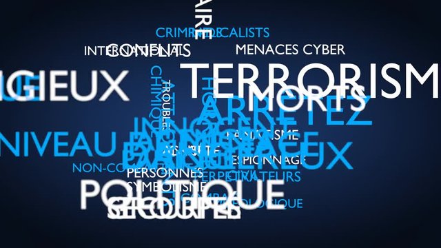 Terrorism, stop word tag cloud. Loop able, 3D rendering, blue French variant, UHD