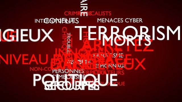 Terrorism, stop word tag cloud. Loop able, 3D rendering, red French variant, UHD