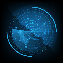 Blue radar screen with map