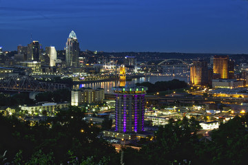 The Cincinnati, Ohio and Covington, Kentucky skylines along the waterfront of the Ohio River