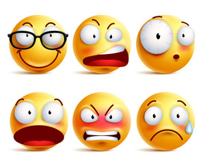 Naklejka premium Smiley face or emoticons vector set in yellow with facial expressions and emotions like happy, angry and sad isolated in white background. Vector illustration. 