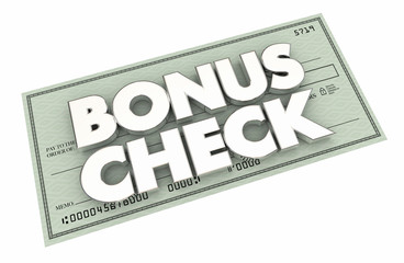 Bonus Check Extra Additional Money Earned Paycheck 3d Illustration