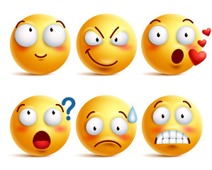 Smileys vector set. Yellow smiley face or emoticons with facial expressions and emotions like happy, in love, and confused isolated in white background. Vector illustration.
