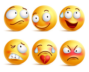 Naklejka premium Smileys vector set. Smiley face or yellow emoticons with facial expressions and emotions like happy, shy, angry and broken heart isolated in white background. Vector illustration. 