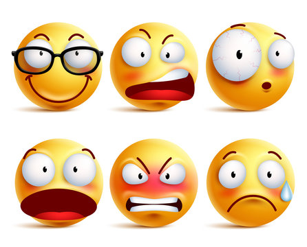 Smiley face or emoticons vector set in yellow with facial expressions and emotions like happy, angry and sad isolated in white background. Vector illustration.
