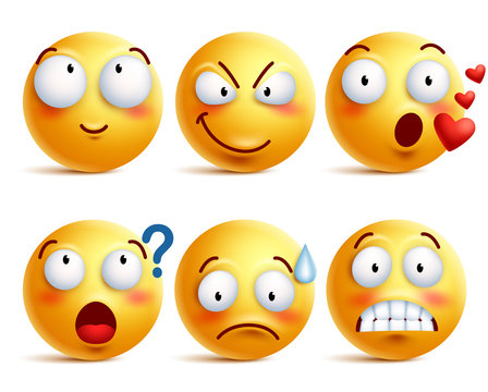 Smileys vector set. Yellow smiley face or emoticons with facial expressions and emotions like happy, in love, and confused isolated in white background. Vector illustration.
