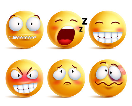 Smileys vector set. Yellow smiley face or emoticons with facial expressions and emotions like happy, zipped, sleepy and beaten isolated in white background. Vector illustration.
