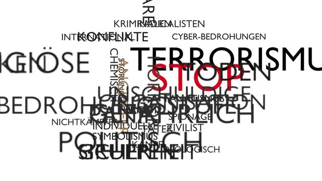 Terrorism, stop word tag cloud. Loop able, 3D rendering, white German variant, UHD