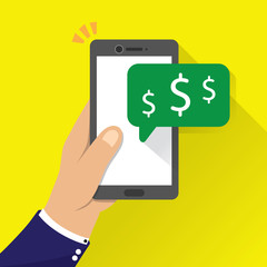 Hand hold smart phone with salary or money receive notification on screen. Flat Style illustration. 